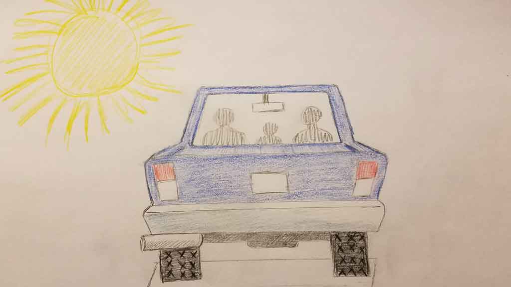 Pencil drawing of three people in a big, blue Buick driving off towards the sun. Crystal realized, I love telling stories.