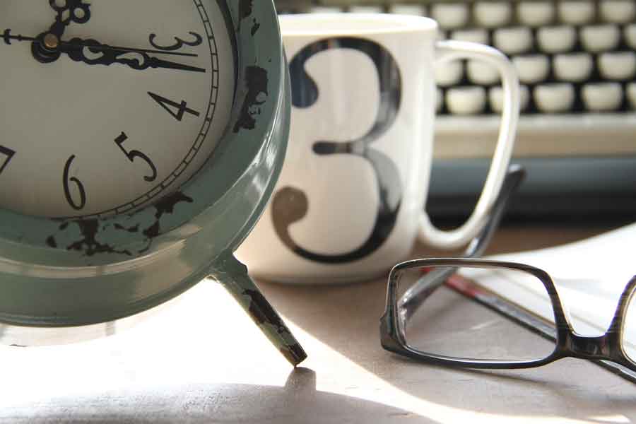 Clock, Coffee Sup, Glasses, Typewriter