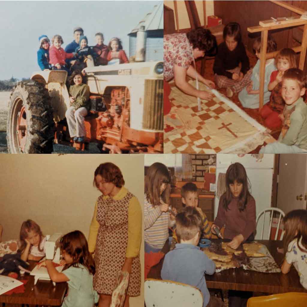 Picture 1: Crystal Flower walking by her dad. Picture 2: Crystal watching her mom pin together her first quilt. Picture 3: Crystal sewing on a sewing machine. Picture 4: Crystal decorating large Easter Bunny cookies with her brothers and sisters.